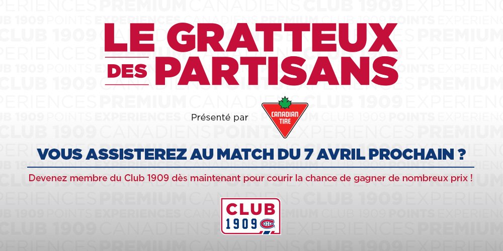 CanadiensMTL's tweet image. Dans le cadre de la Soirée des partisans, plus de 150 prix seront offerts via votre compte Club 1909!
DÉTAILS : goha.bs/2oCMXco