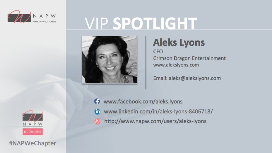 IAWomenHQ's tweet photo. Welcome NAPW VIP Spotlight Aleks Lyons, CEO of Crimson Dragon Entertainment https://t.co/aCR9A6IpNl #NAPWeChapter https://t.co/F9mi5ZiEPz