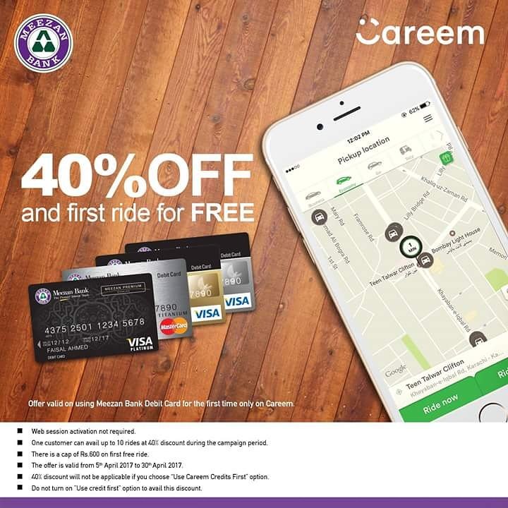 MeezanBankLtd's tweet photo. Now enjoy 40% off on Careem rides with your #MeezanDebitCard in April,17. Also get your first ride FREE!
*Terms & conditions applied. https://t.co/i87J5xrCuA
