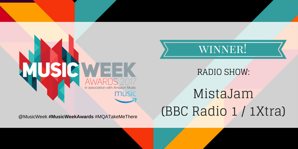 The award for Radio Show goes to MistaJam! Congratulations <a href="/MistaJam/">mistajam</a> <a href="/BBCR1/">BBC Radio 1</a> <a href="/1Xtra/">BBC Radio 1Xtra</a> #MusicWeekAwards #MQATakeMeThere