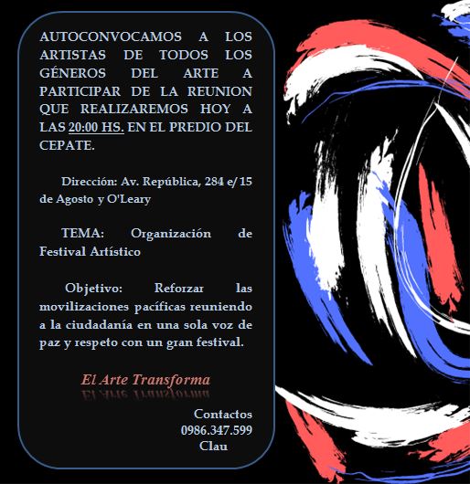 jorgecoronel's tweet photo. ¿Sos artista y querés sumarte a un festival por la paz?
Invitan a una reunión, hoy a las 20:00 en el #Cepate >>
https://t.co/7lr9msfLc0 https://t.co/C7xi4hHlvM