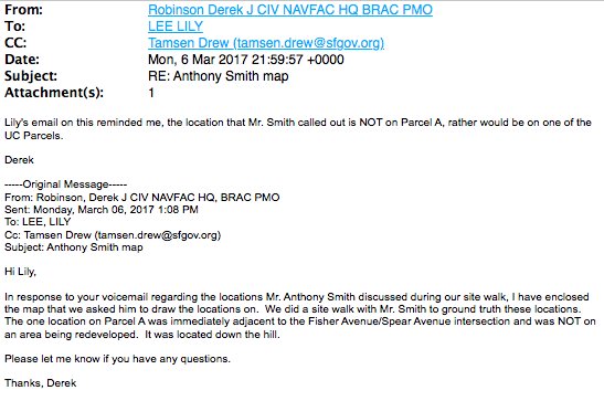 jdshutt's tweet photo. Emails: Whistleblower told Navy that some SF Shipyard land already transferred to the city is contaminated. (My map—Navy's map encrypted.) https://t.co/RVG1lBnRmy