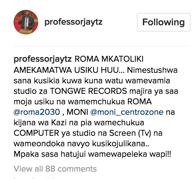 millardayo's tweet photo. "Roma Mkatoliki amekamatwa usiku huu, nimeshtushwa kusikia wamevamia studio za TONGWE na kumchukua" - Mbunge Joseph Haule @ProfessorJayTZ https://t.co/00AArBVKts