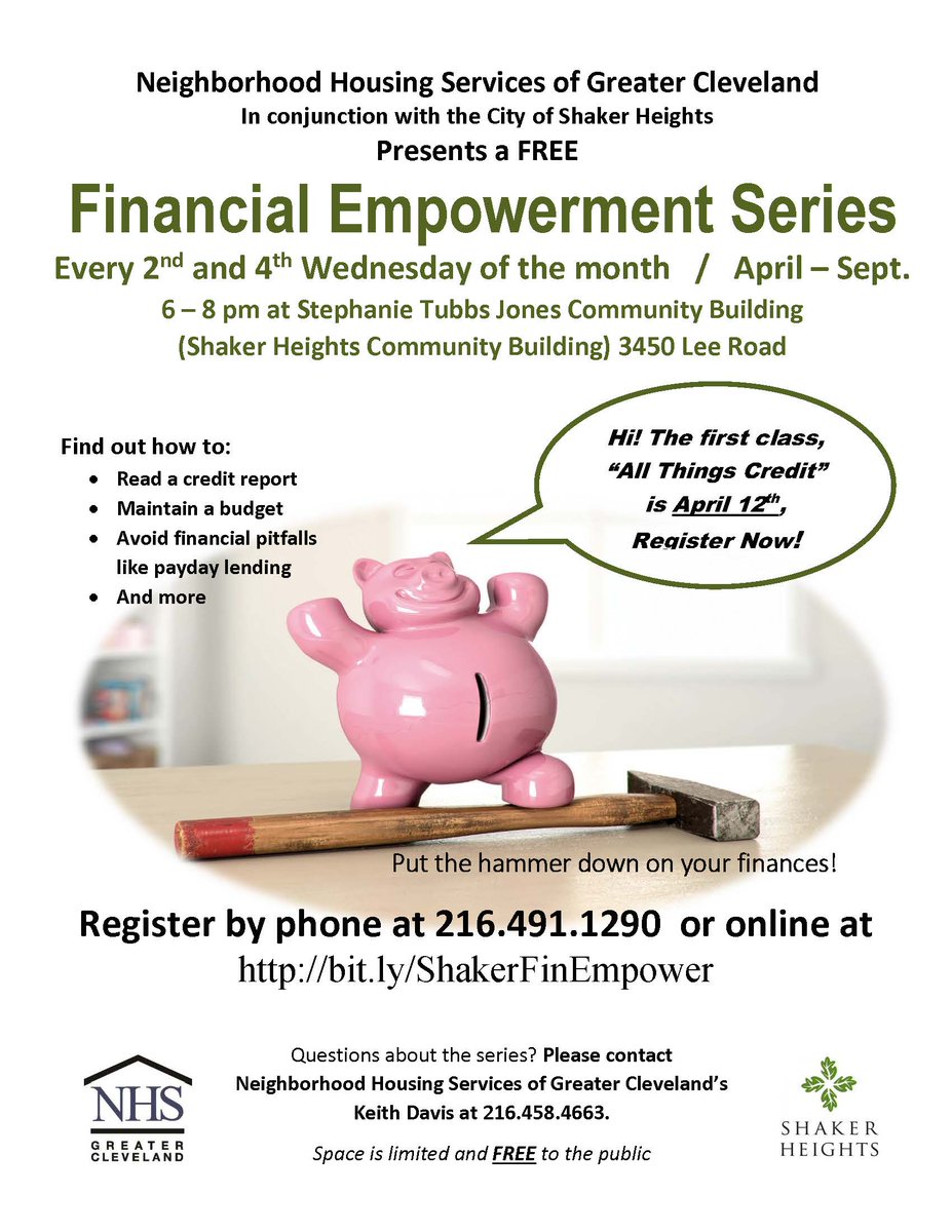 NHSCleveland's tweet photo. Sign up for our Financial Empowerment Series beginning April 12th from 6-8pm @ShakerOnline! Class are free to the public. Don't miss out! https://t.co/b7SYAT2VLU