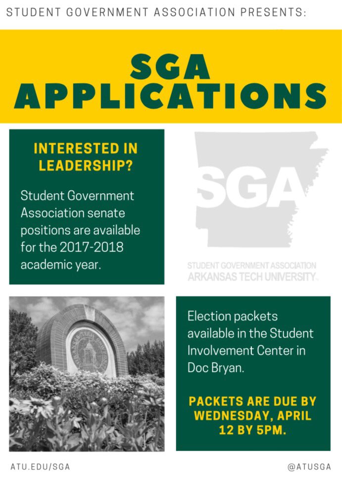ATUSGA's tweet photo. It's that time of year again!

Applications for SGA are out!

Go get yours from the Student Involvement Center in Doc Bryan 171 and apply! https://t.co/IgWd7NOc0d