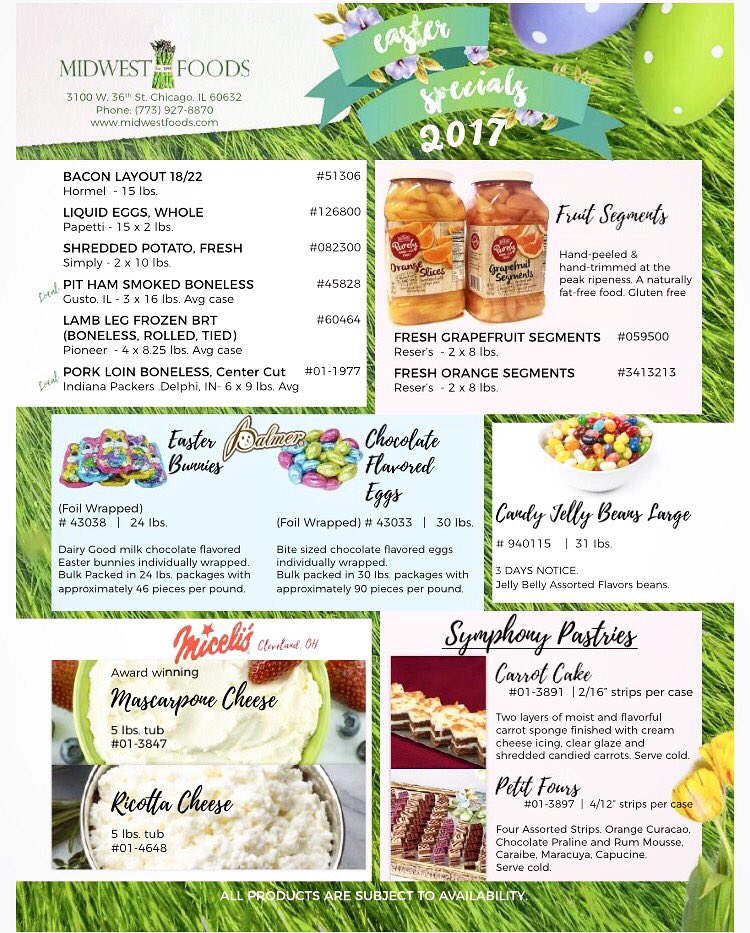 Midwestfoodschi's tweet image. The Midwest Foods Easter flyer is here!
midwestfoods.com/holiday

#easterflyer #fruitsegments #localcheese #veloccity #midwestfoods #chicago