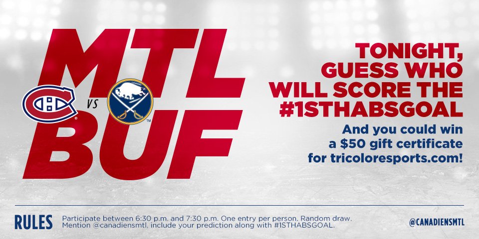 CanadiensMTL's tweet image. Who will score tonight's #1stHabsGoal? Guess right, and you could win a $50 @TricoloreSports online gift card. Don’t forget the hashtag!