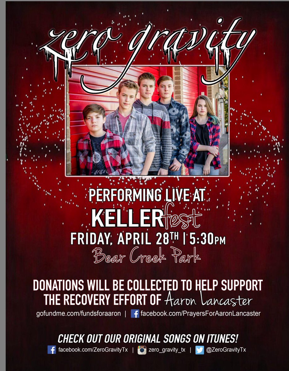 ZeroGravityTx's tweet photo. Excited to announce that Keller Fest is partnering with us. A tip jar will be on stage for Aaron for all music acts! #PrayersForAaron https://t.co/yItxpBWGqF
