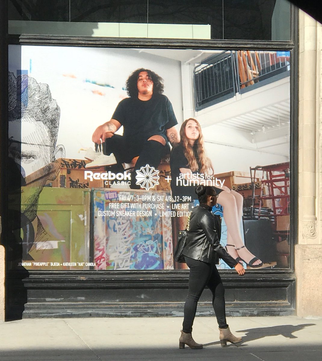 AFHBoston's tweet photo. On seeing himself blown up on a store window, Pineapple (5'9) said, "Finally someone got me to scale!" #reebokafh #unionsq #storetakeover https://t.co/pKtHNu24iY