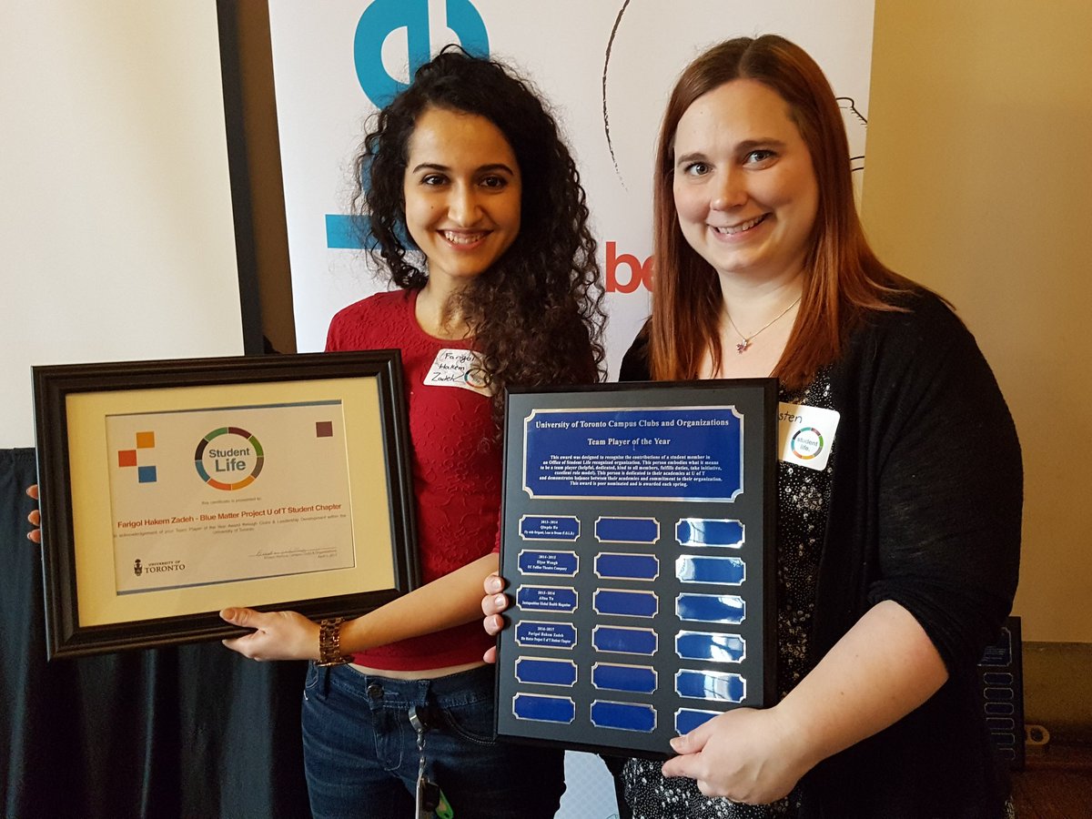 UofTStudentLife's tweet photo. Congratulations to Farigol Hakem Zadeh, team player of the year award. Member of Blu Matter Project #UofT student chapter. #UofTrecognizes https://t.co/TZ3iO3AHyh
