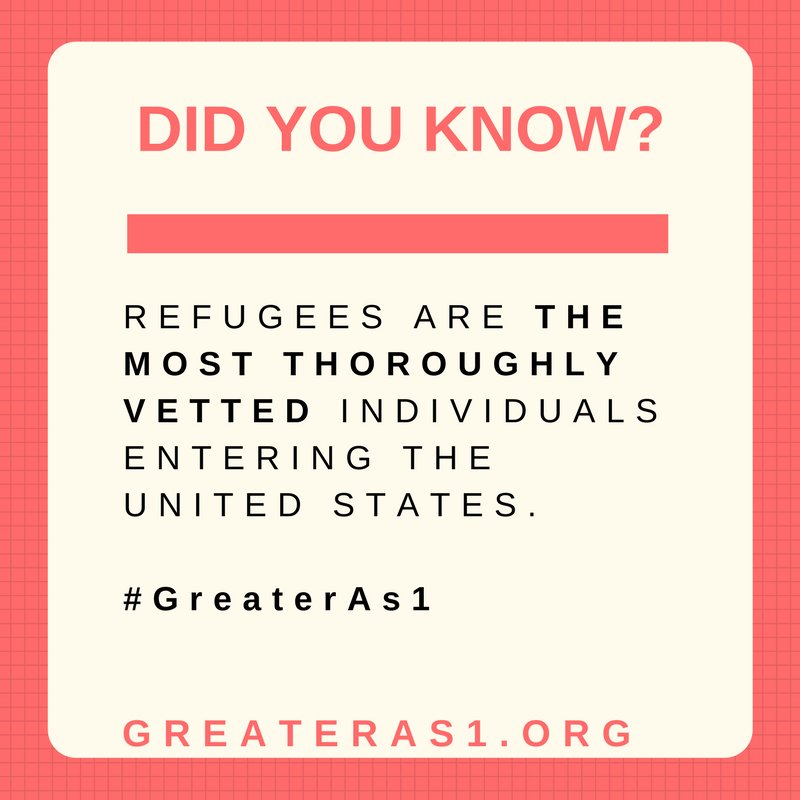 CWS_global's tweet photo. FACT: #Refugees are the most heavily vetted group to enter the US. Learn more and RT to spread the word: https://t.co/i17LIyXZ83 #GreaterAs1 https://t.co/8DE8FRH9ZK