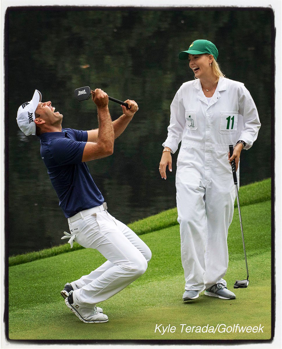 .<a href="/CA_Schwartzel/">Charl Schwartzel</a> reacts after wife Rosalind's putt during #themasters #Par3Contest