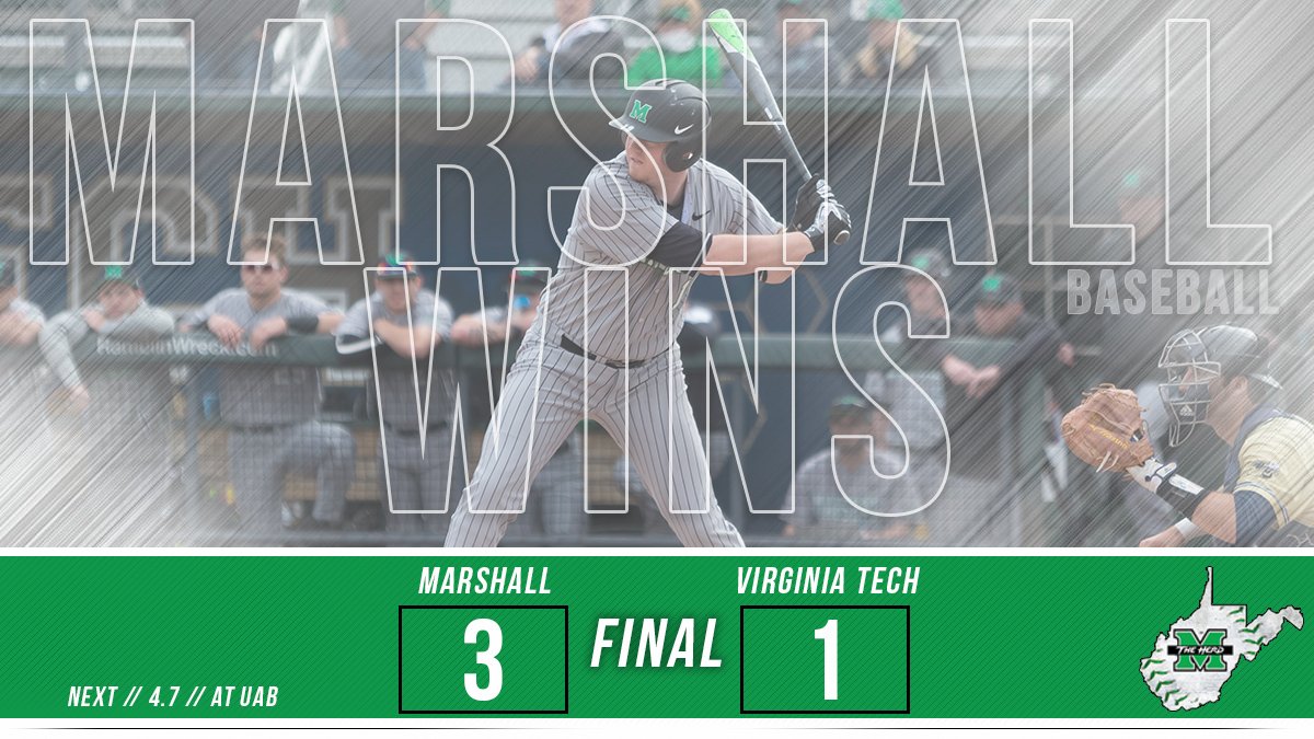 HerdBaseball's tweet photo. MARSHALL WINS!!! The Thundering Herd improves to 13-14 overall with its 3-1 win over Virginia Tech. #OneHerd https://t.co/f54QY3C2jL