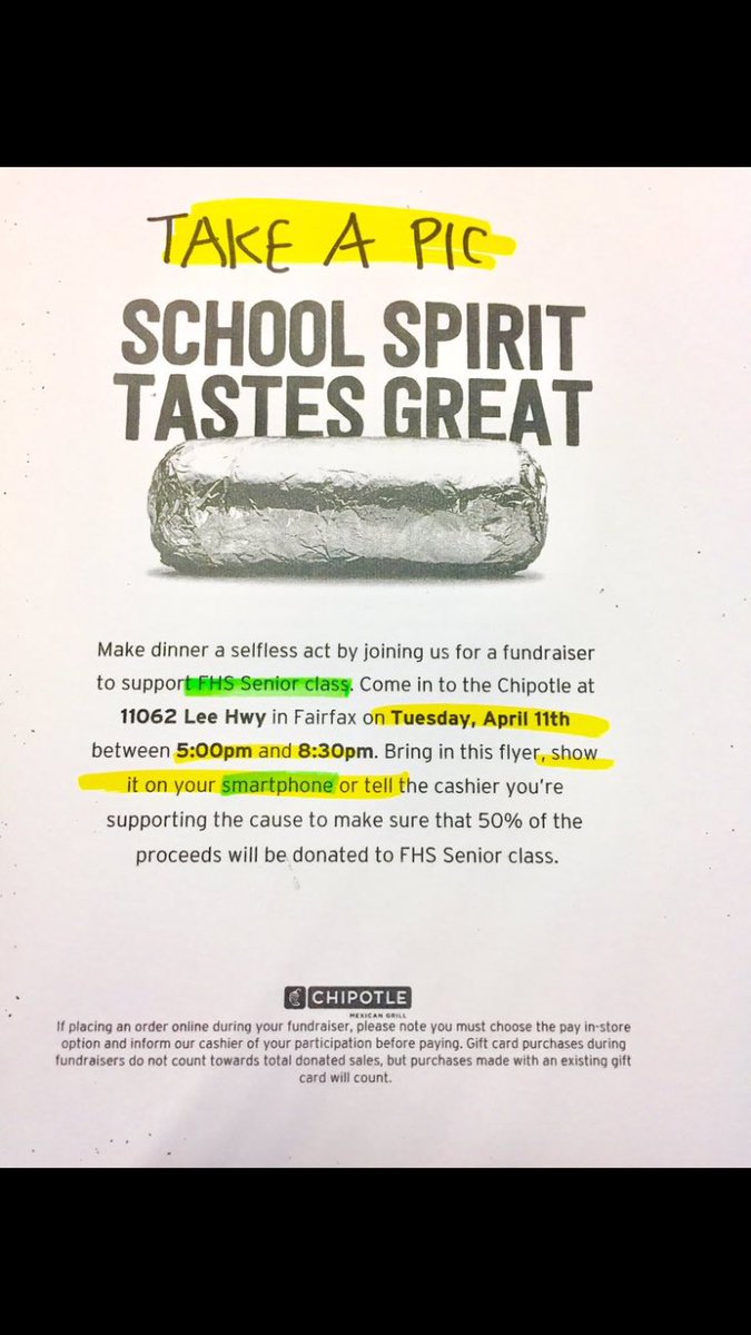 CHIPOTLE FUNDRAISER TUESDAY April 11 5:00-8:30 
MUST have flyer w/ you or a pic or TELL cashier get 50% profits
For All Night Grad
