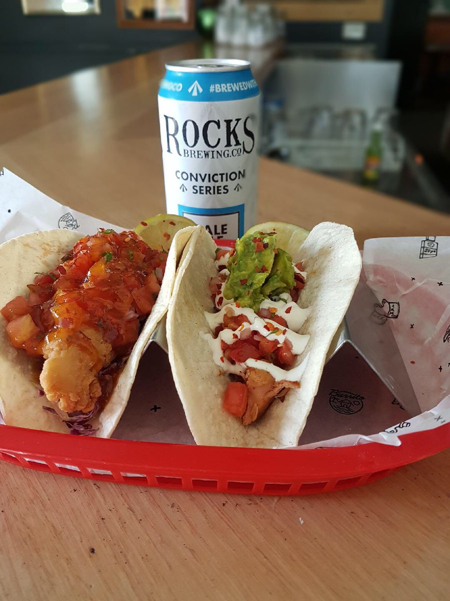 Two tacos and <a href="/rocksbrewingco/">Rocks Brewing Co</a> CPA tinnie for $10 on today and every Thursday! #beachburrito #craftbeer