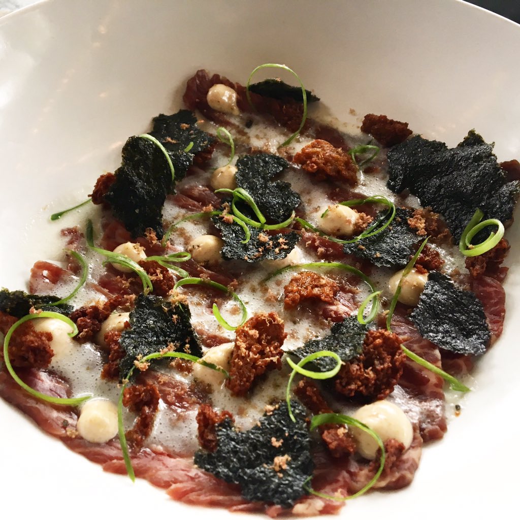 Kombu cured beef. Bonito mayo. Fermented rice. Fried nori.