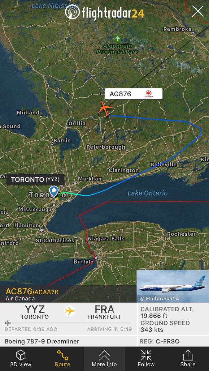 TomPodolec's tweet photo. Update @AirCanada #AC876 returning #Toronto. PAN PAN declared. Flaps issue. Dumping fuel. Requesting emergency services as precaution. https://t.co/yir01vqgby