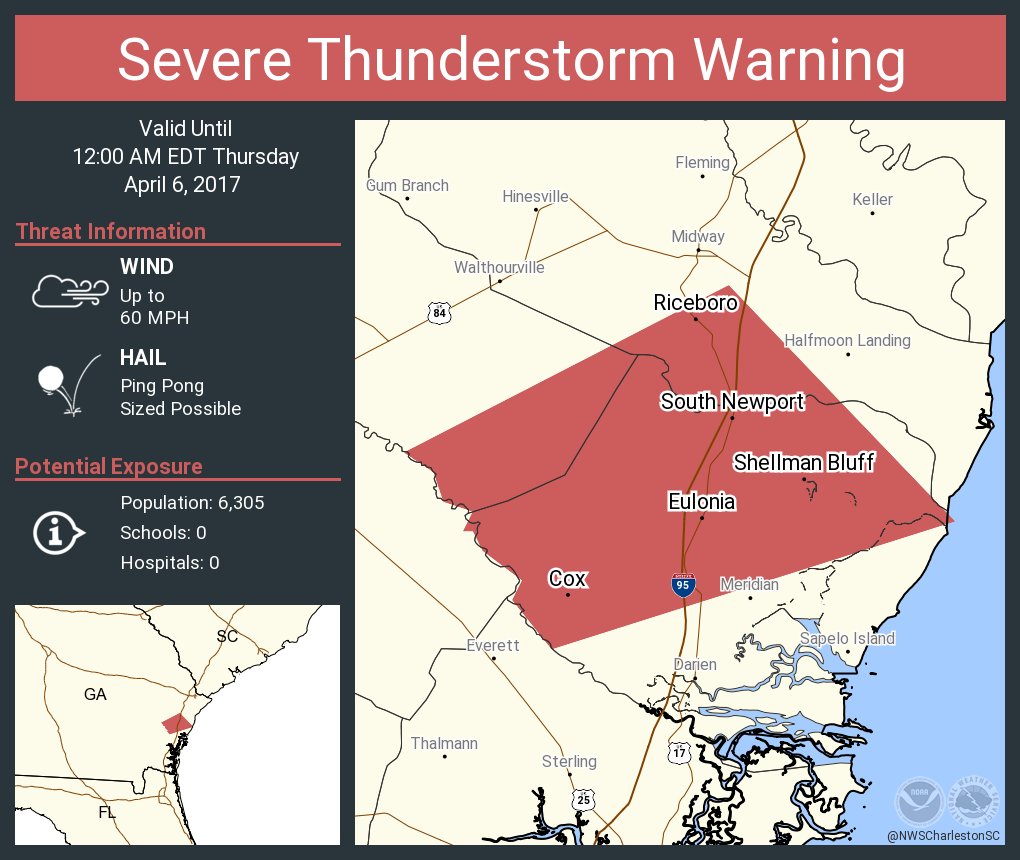 Severe Thunderstorm Warning including Riceboro GA, Cox GA, Townsend GA