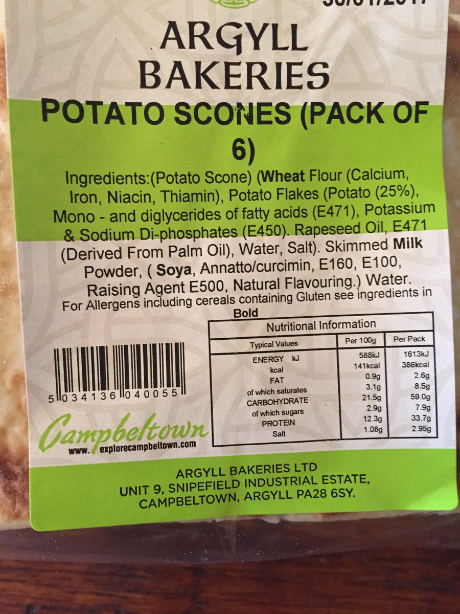 HughRaven's tweet photo. All I wanted was a #potatoscone. Potato, flour I expected. Not so 8 things I can't understand - inc 6 #Enumbers. C'mon #ArgyllBakeries #pure https://t.co/0oQke9ytfs