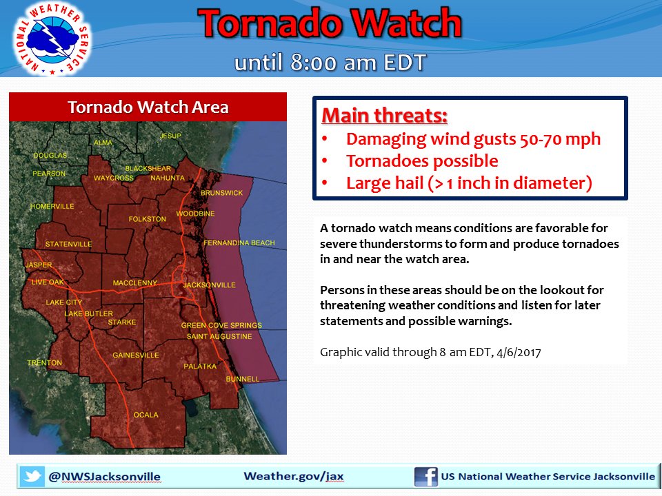 Severe storms will race across SE GA &amp; NE FL through sunrise - tornadoes possible!  #jaxwx #gawx #flwx