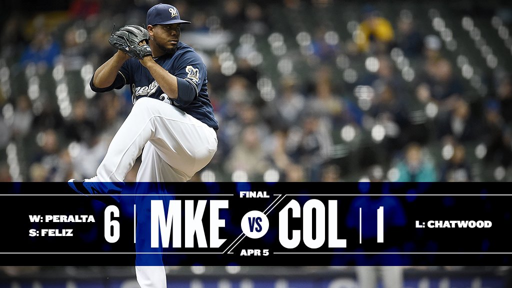 Brewers's tweet image. RECAP: Wily Peralta throws five scoreless as the #Brewers defeat the Rockies for their first win of the season. 
atmlb.com/2o5oD1K