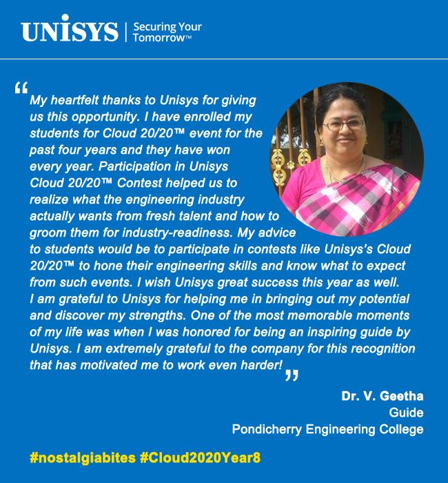 UnisysIndia's tweet photo. #NostalgiaBites: Reminiscing the experience and victory of her students, here is one of the Guide from last year’s #Cloud2020 contest. https://t.co/qjx5MjcXJo