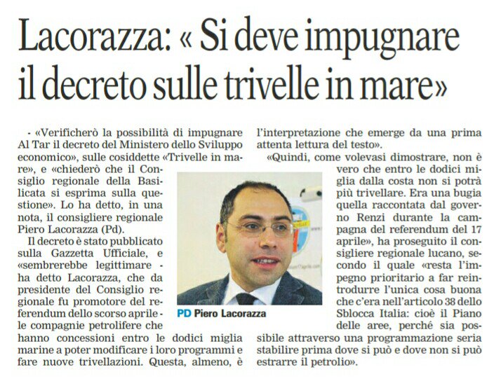 AbitareFuturo's tweet photo. #petrolio @pierolacorazza a @GazzettaPotenza si deve impugnare il decreto sulle trivelle in mare, introdurre il piano delle aree #ambiente https://t.co/8DSmlK265f