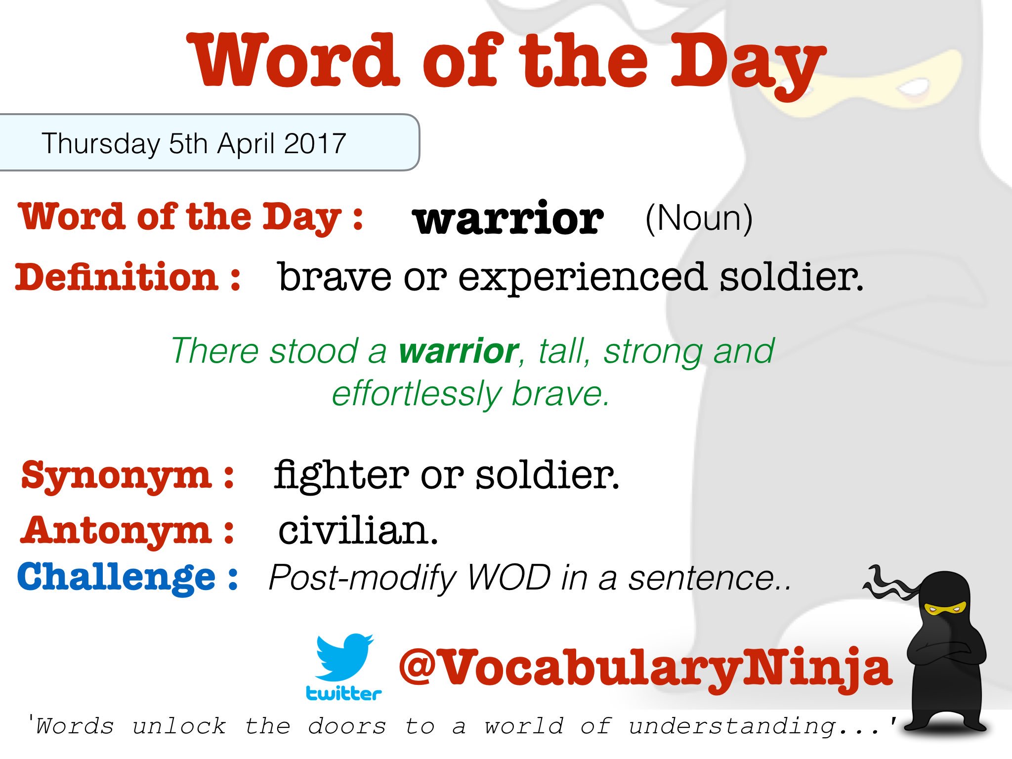 Vocabulary Ninja on X: Today's word or the dayrepresenting the ninja's  mentality. Share with colleagues. Let's reach 1k followers today.  🙅🏻🙅🏼🙅‍♂️🙅🏿🙅🏽‍♂️🙏✏️📕📗📙  / X