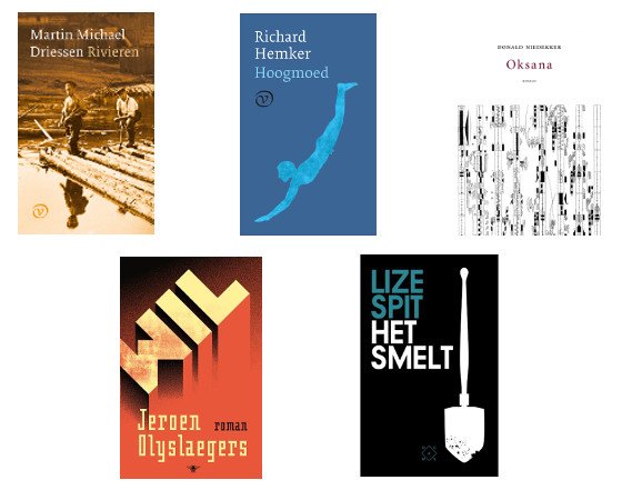 FintroLitprijs's tweet photo. Driessen (Rivieren), Hemker (Hoogmoed) , Niedekker (Oksana), Olyslaegers (Wil) en Spit (Het smelt) op Shortlist Fintro Literatuurprijs 2017 https://t.co/ApUqbl68LU