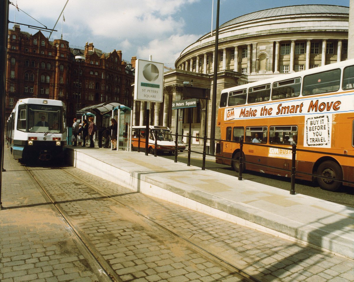 archivesplus's tweet photo. Happy 25th birthday @MCRMetrolink , St. Peter's Square, 1992 https://t.co/SSkLN2RoYp