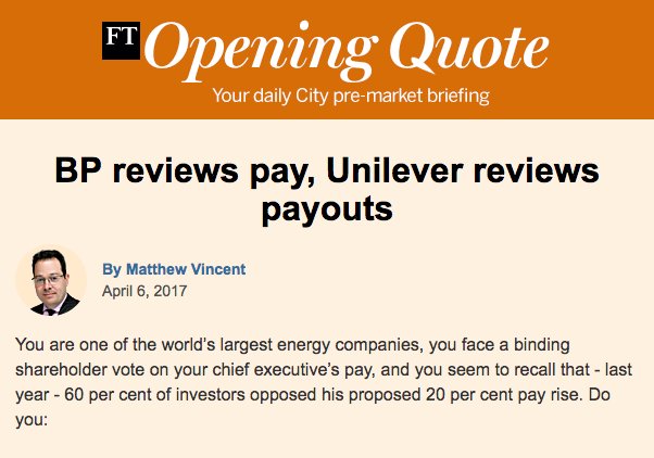 BP reviews pay, Unilever reviews payouts. FT Opening Quote City