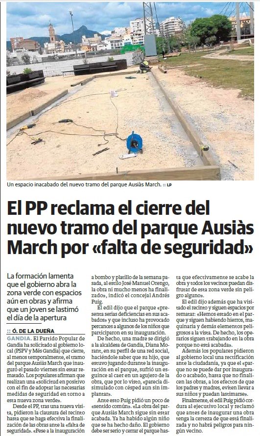 vtegregori's tweet photo. .@popularesgandia reclama el cierre del nuevo tramo del parque Ausiàs March por falta de seguridad al no estar finalizadas las obras #Gandia https://t.co/ZHkQBcOxRy