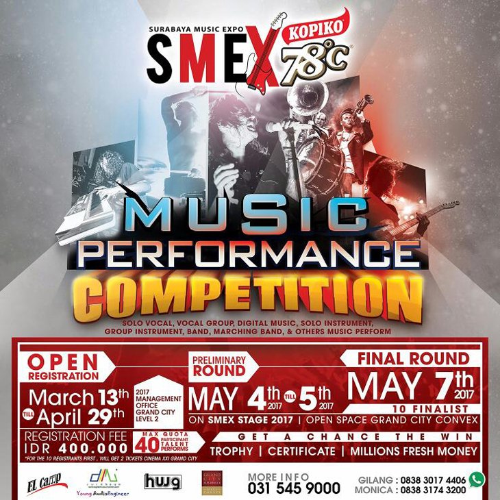 yang punya grup band/vokal/solois bisa ikutan kompetisi musik di eventnya <a href="/SMEX_GC/">Surabaya Music Expo</a>, ditunggu sampai 29 April yah. info : 031-5459000