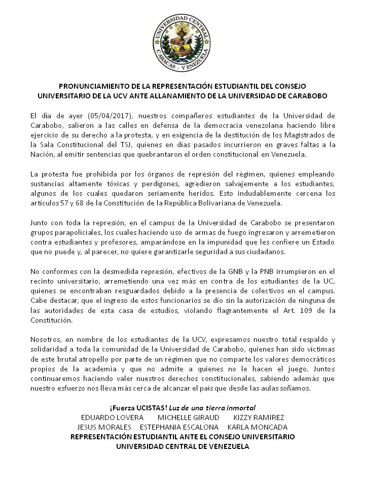 La Representación Estudiantil ante el Consejo Universitario de la #UCV se pronuncia en rechazo al allanamiento de la #UC. #6A