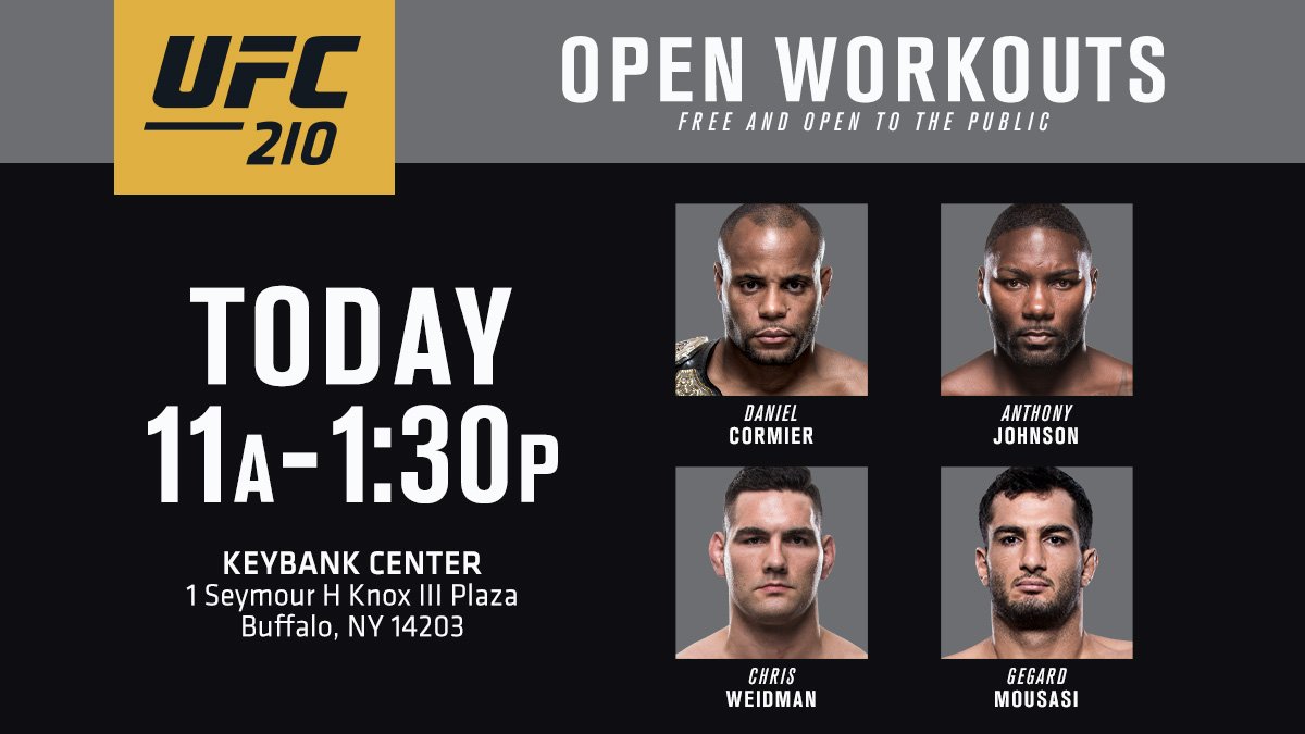ufc's tweet image. 💪: #UFC210 Open Workouts 
👬👬: @DC_MMA | @Anthony_Rumble | @ChrisWeidmanUFC | @Mousasi_MMA
📅: TODAY @KeyBankCtr 
⏰: 11amET