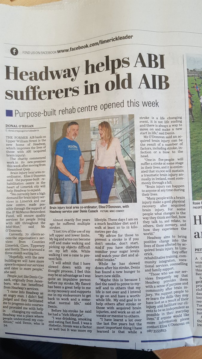 elisaodonovan's tweet photo. A lovely piece on Acquired Brain Injury and @HeadwayIreland new building on Upper William Street by @DonalORegan1 in todays @Limerick_Leader https://t.co/XXjuXR6Yec