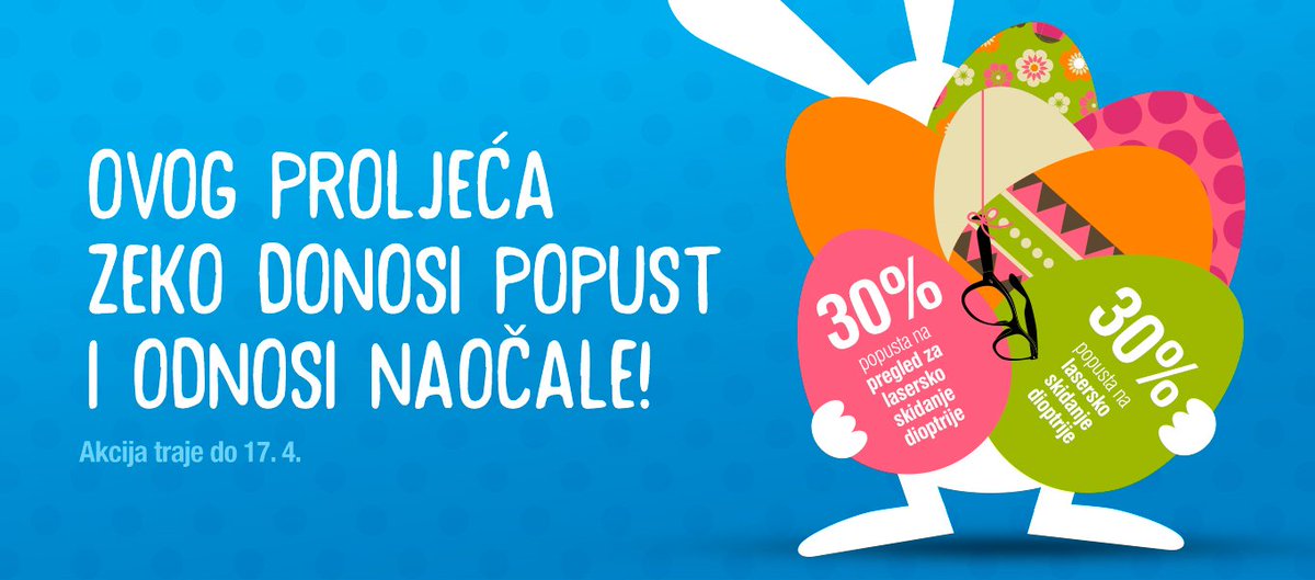 Dioptrijalaser's tweet photo. Želiš se konačno riješiti naočala i leća? Ovog proljeća #zeko ti donosi 30% popusta na #lasersko #skidanje #dioptrije 🐰👓🌼#ŽivotBezDioptrije https://t.co/mzEl01pcWd