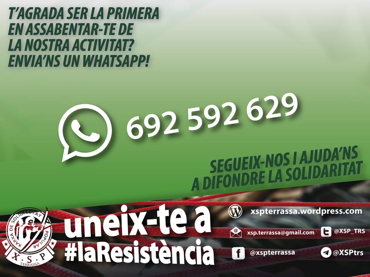 Utilitzes whatsapp?
Li vols donar un ús solidari?
Envia'ns un missatge i uneix-te a #laResistència!