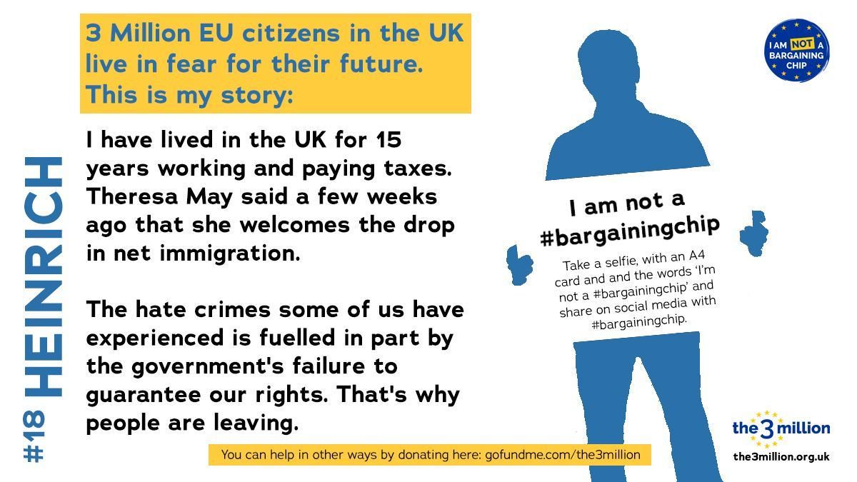 the3million's tweet image. Theresa May said she welcomes drop in net migration. But that's in part due to hostile gov policy &amp;amp; hate crimes. We're not #BargainingChip