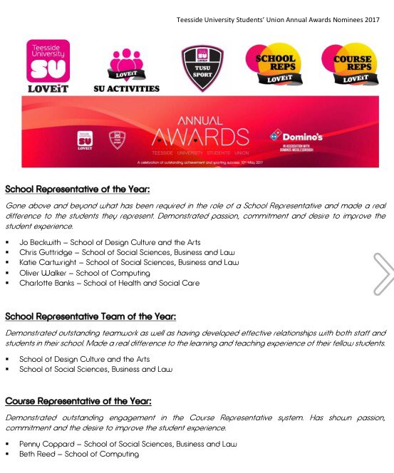 Teesside Psychology (@teespsych) on Twitter photo Delighted for #psychology students <a href="/KateLouCart16/">Katie Cartwright,BSc</a> & Penny Coppard nominated for School Rep & Course Rep of the year #tusuaad17 well-done! Delighted for #psychology students <a href="/KateLouCart16/">Katie Cartwright,BSc</a> & Penny Coppard nominated for School Rep & Course Rep of the year #tusuaad17 well-done!