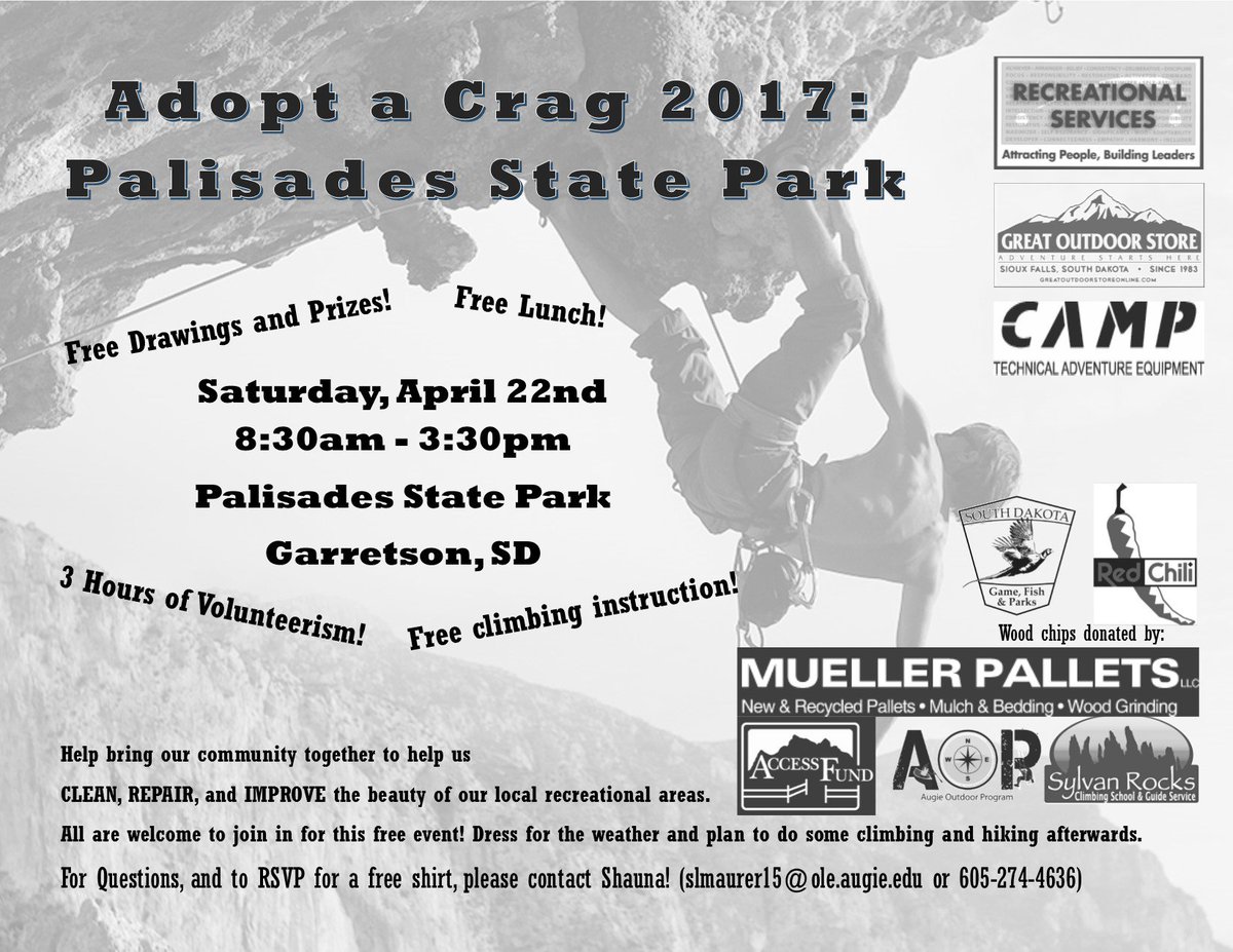 Super excited to give back to one of our local areas on April 22nd! Thanks <a href="/CampUSA/">Camp USA</a> for the rad prizes! <a href="/SDGameFishParks/">SD Game Fish & Parks</a> <a href="/redchili/">Red Chili Climbing</a>