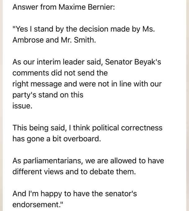 Maxime Bernier's team's response to Senator Lynn Beyak's removal from Aboriginal People's Committee