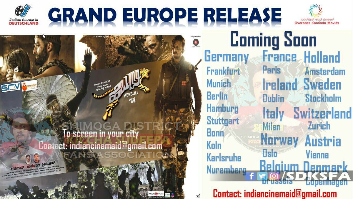 SDKSFA's tweet photo. GRAND EUROPE RELEASE of #BlockbusterHitHebbuli
Coming soooooooon!!!
@KicchaSudeep @HebbuliOfficial @krisshdop  @UmapathyFilms https://t.co/B7daHRIF7O