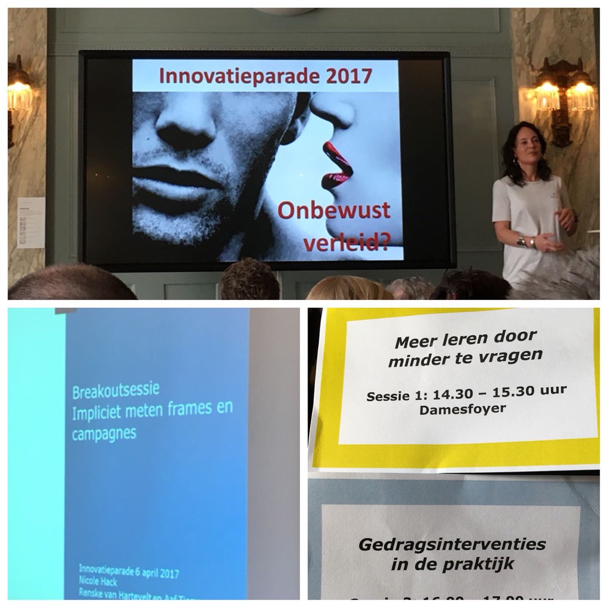 Inspirerende middag bij de #innovatieparade2017. <a href="/PennieLeen/">Renske</a> en @rthvisser bespreken beide hun campagnecases. #implicietmeten #metenisweten