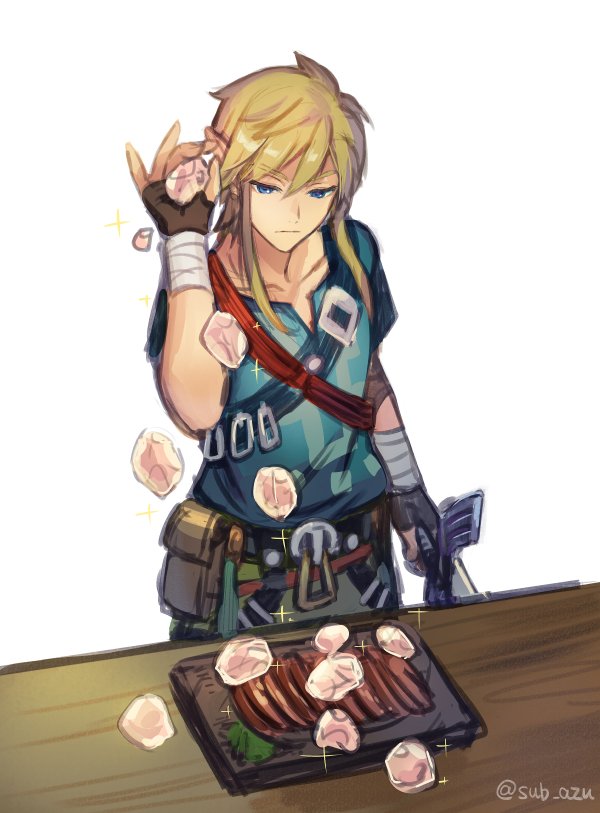 link 1boy male focus blonde hair blue eyes solo food gloves  illustration images