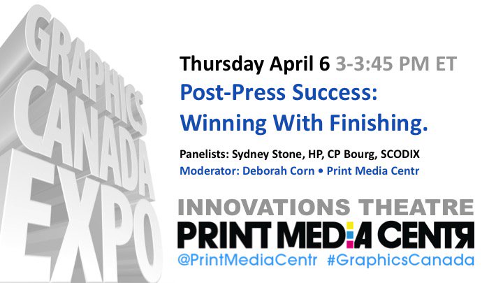 PrintMediaCentr's tweet image. Join us 3PM ET at #GraphicsCanada / watch via #FacebookLive ow.ly/HYVI30auled @sydstone @HPGraphicArts @CPBourg @ScodixSense