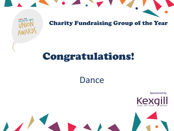 <a href="/UclanDoIt/">maz</a> wins the Charity Fundraising Group of the Year Award! Congrats!  #unionawards17
