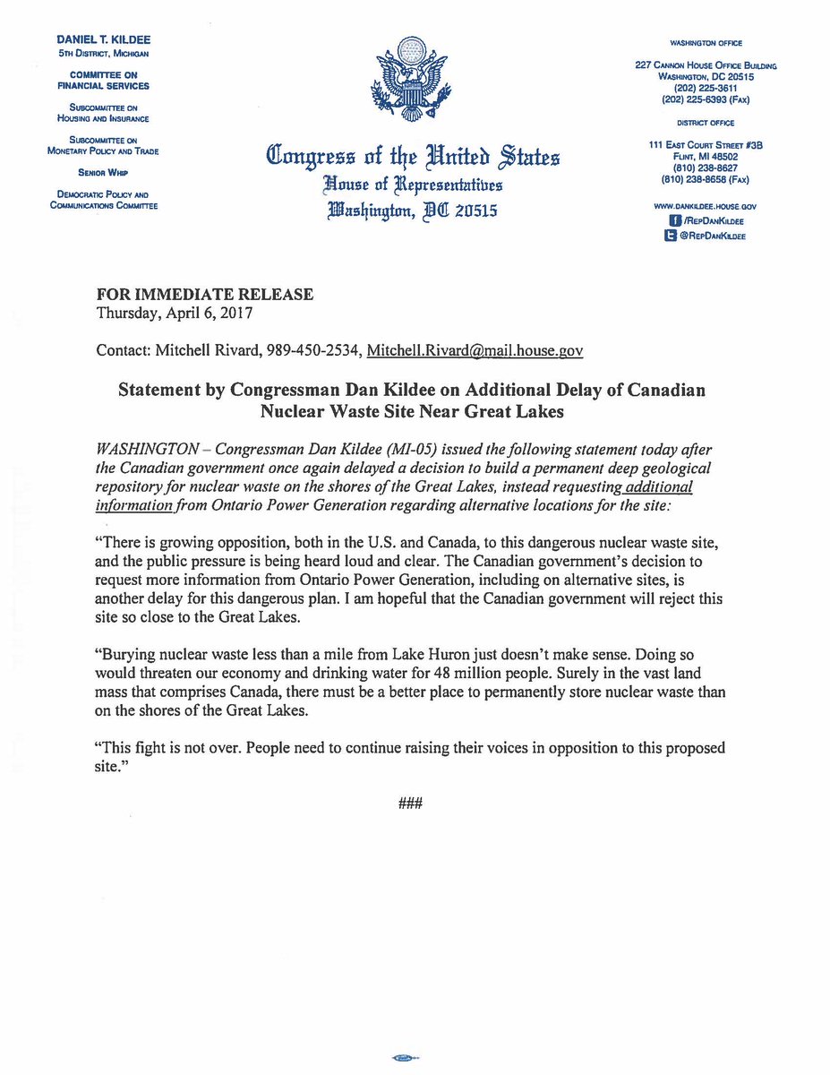 Thank you Congressman <a href="/repdankildee/">Rep. Dan Kildee</a> for your ongoing support in opposing OPG's plan to bury nuclear waste right beside the #GreatLakes