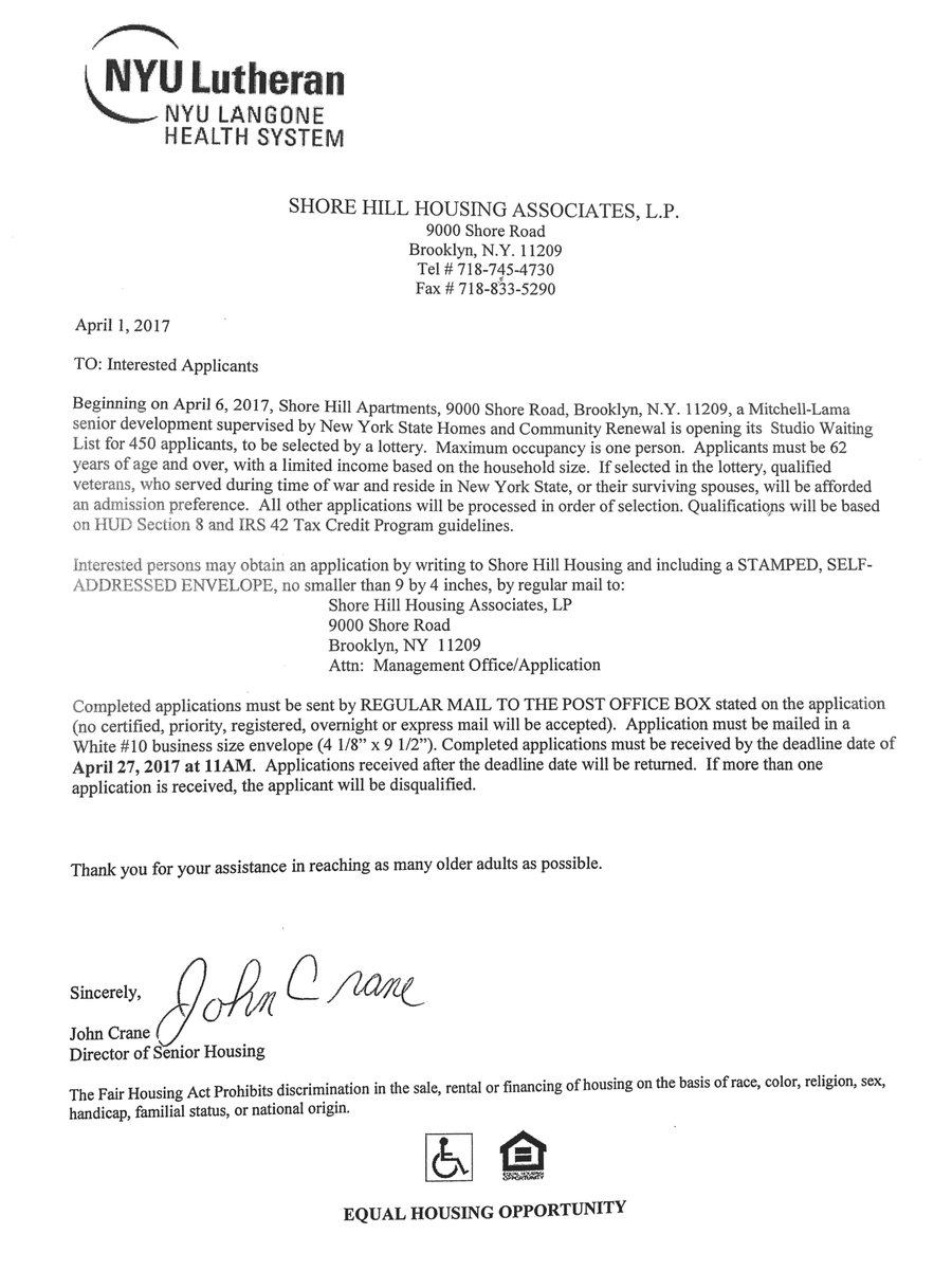 Just received notice that Shore Hill Senior Housing is opening up it's waiting list to studio apartment applicants. Apply by 4/27/2017.