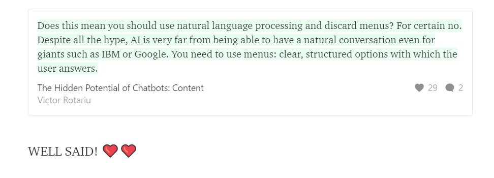 solyarisoftware's tweet image. #conversationalUI #botdev: to menu or to not menu? 
chatbotsmagazine.com/the-hidden-pot…